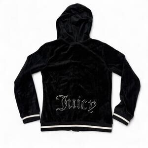 Juicy Couture black velour zip up hoodie white stripes on sleeves hem Kid size 7